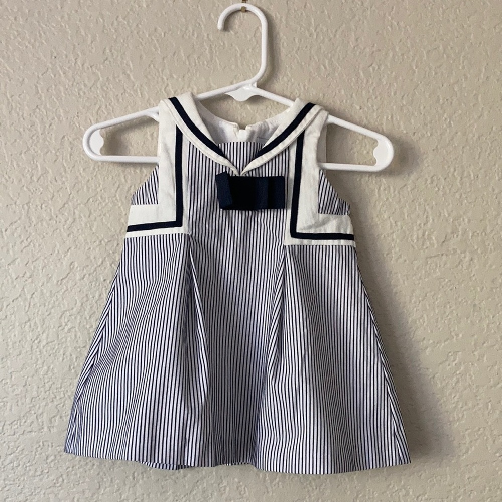 Mayoral Chic Sleeveless Nautical Bow Blue White Dress Made in Morocco 0-3mths